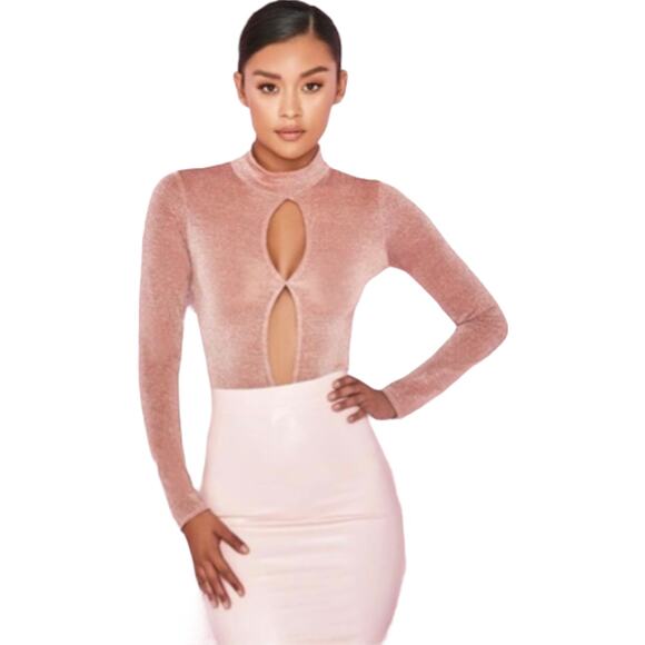 House of CB metallic bodysuit top Concha pink keyhole mock neck long sleeve  XS - Picture 1 of 14